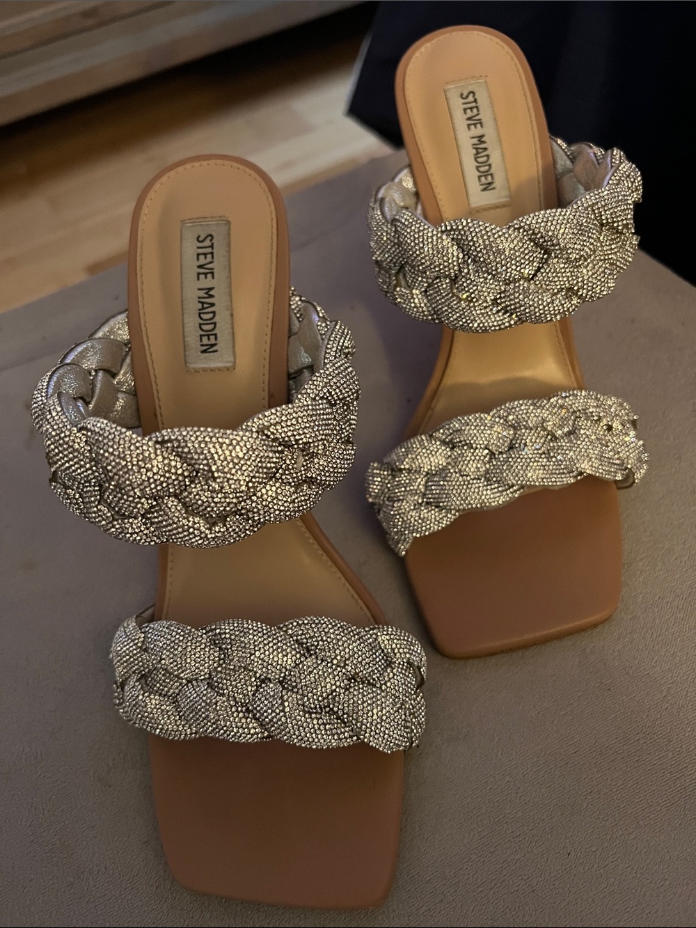Steve Madden Silver Braided Crystal Slide Heels
